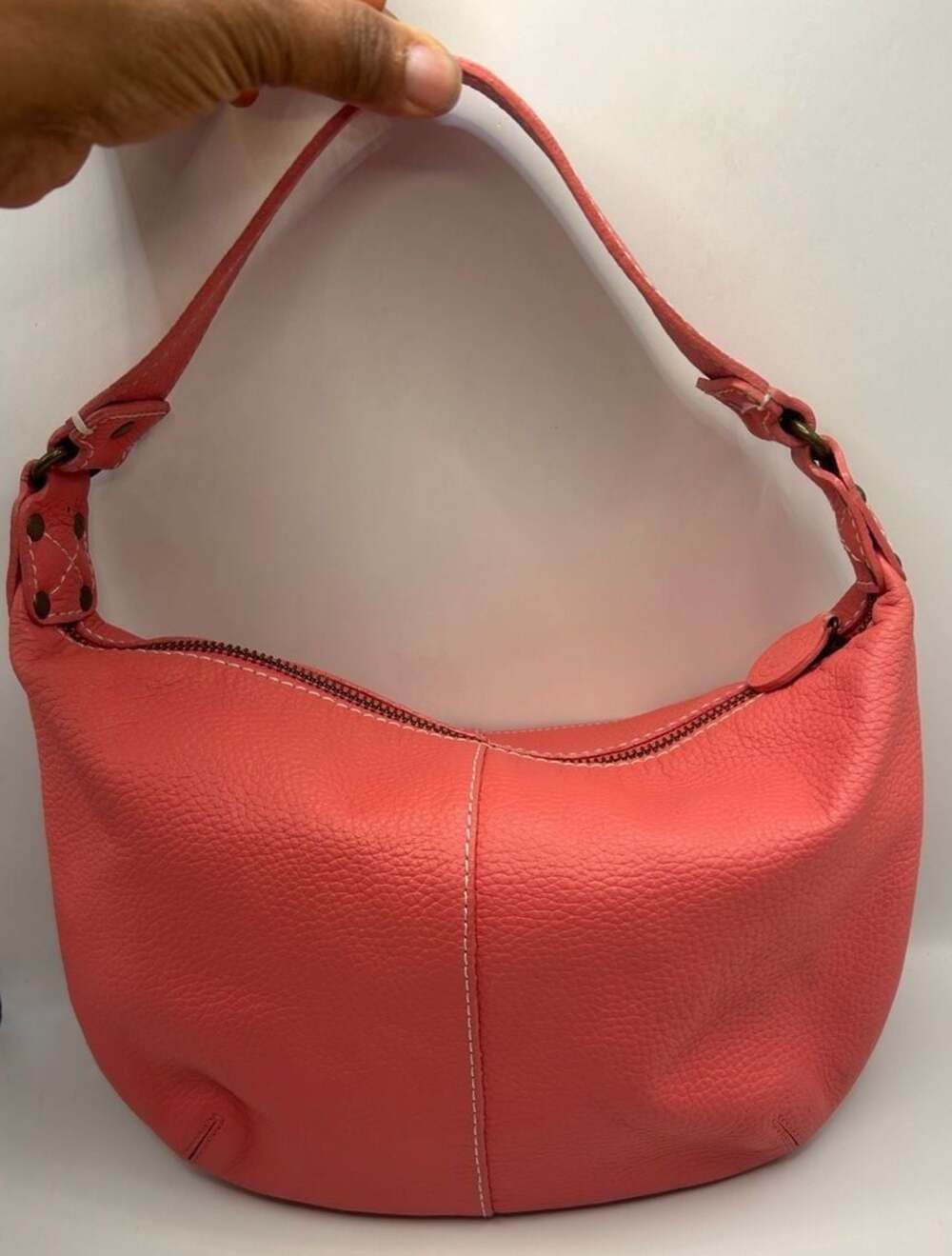 GAP Coral Pink 100% Cow Leather Hobo Shoulder Bag with Polka Dot Lining